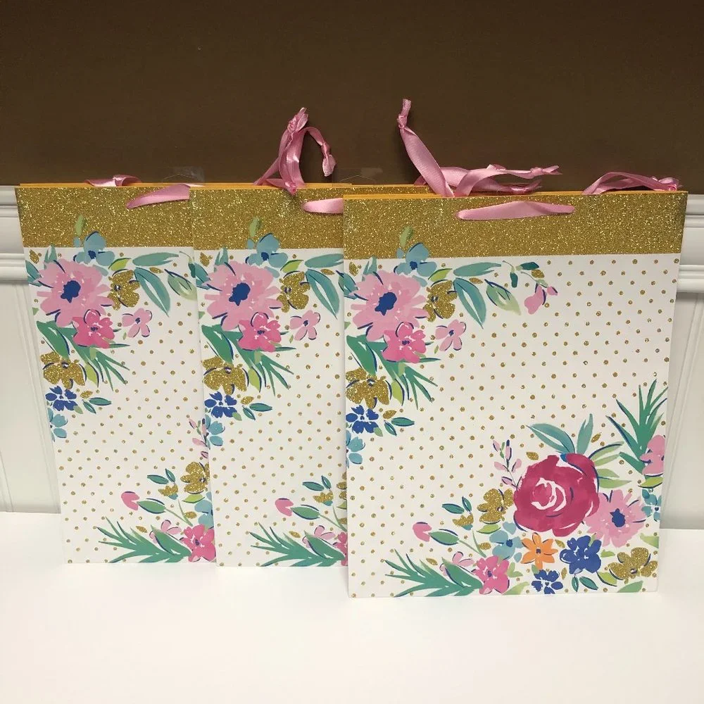 Pioneer Woman Gift Bags Floral White Gold American Greetings Party Lot of 3